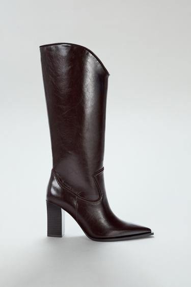 Zara ASYMMETRIC SHAFT COWBOY BOOTS - Brown