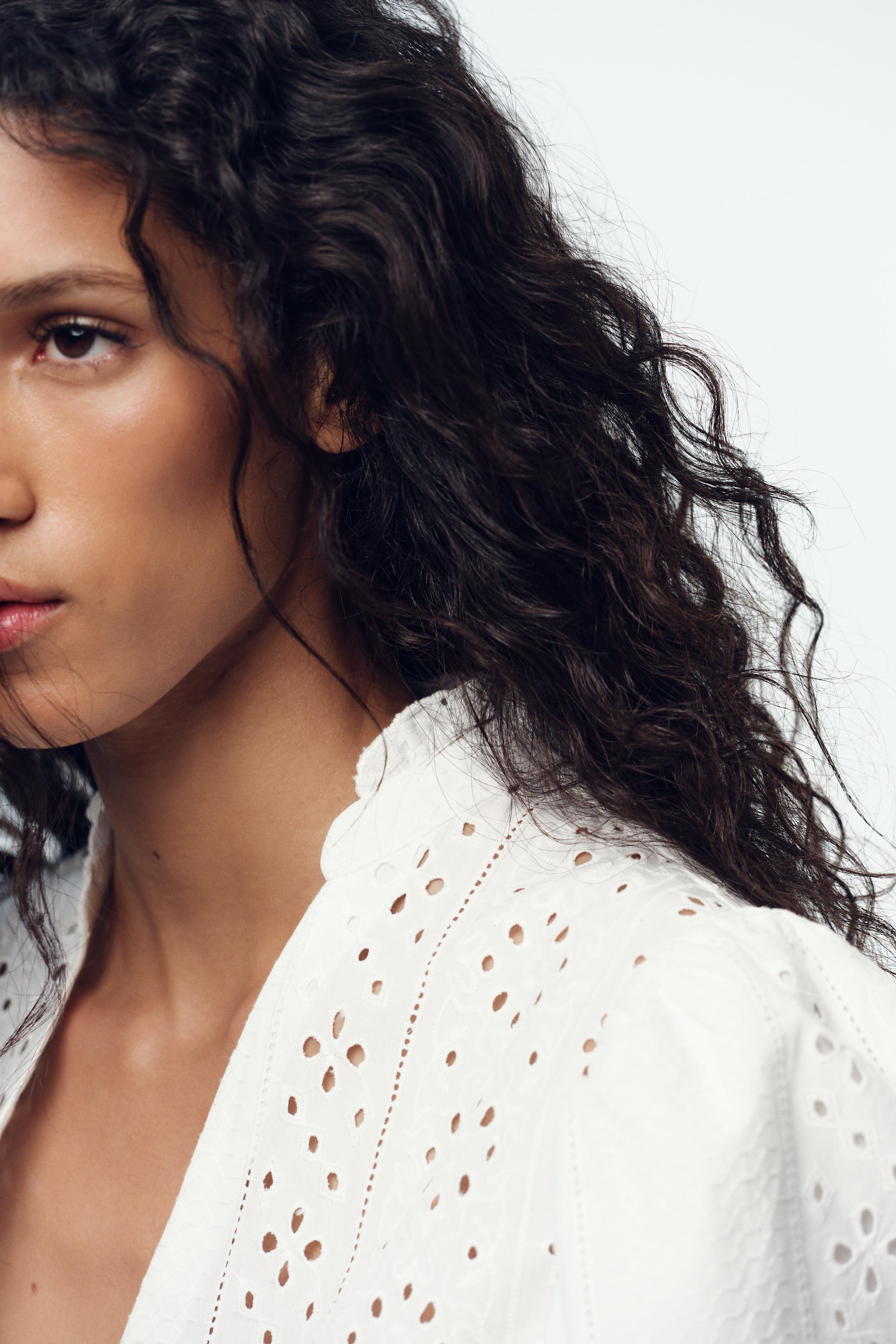 PUFF SLEEVE SHIRT WITH PERFORATED EMBROIDERY