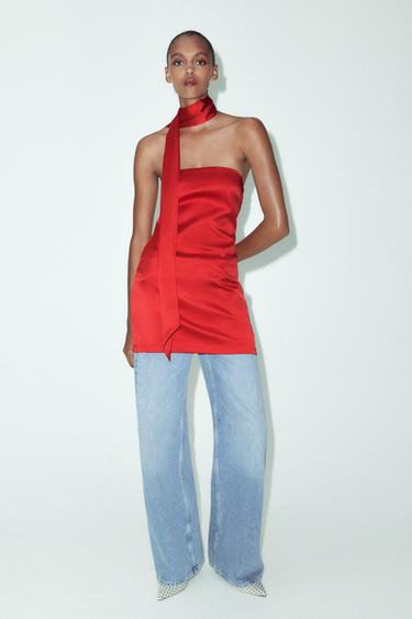 Zara SATIN EFFECT MINI DRESS - Red