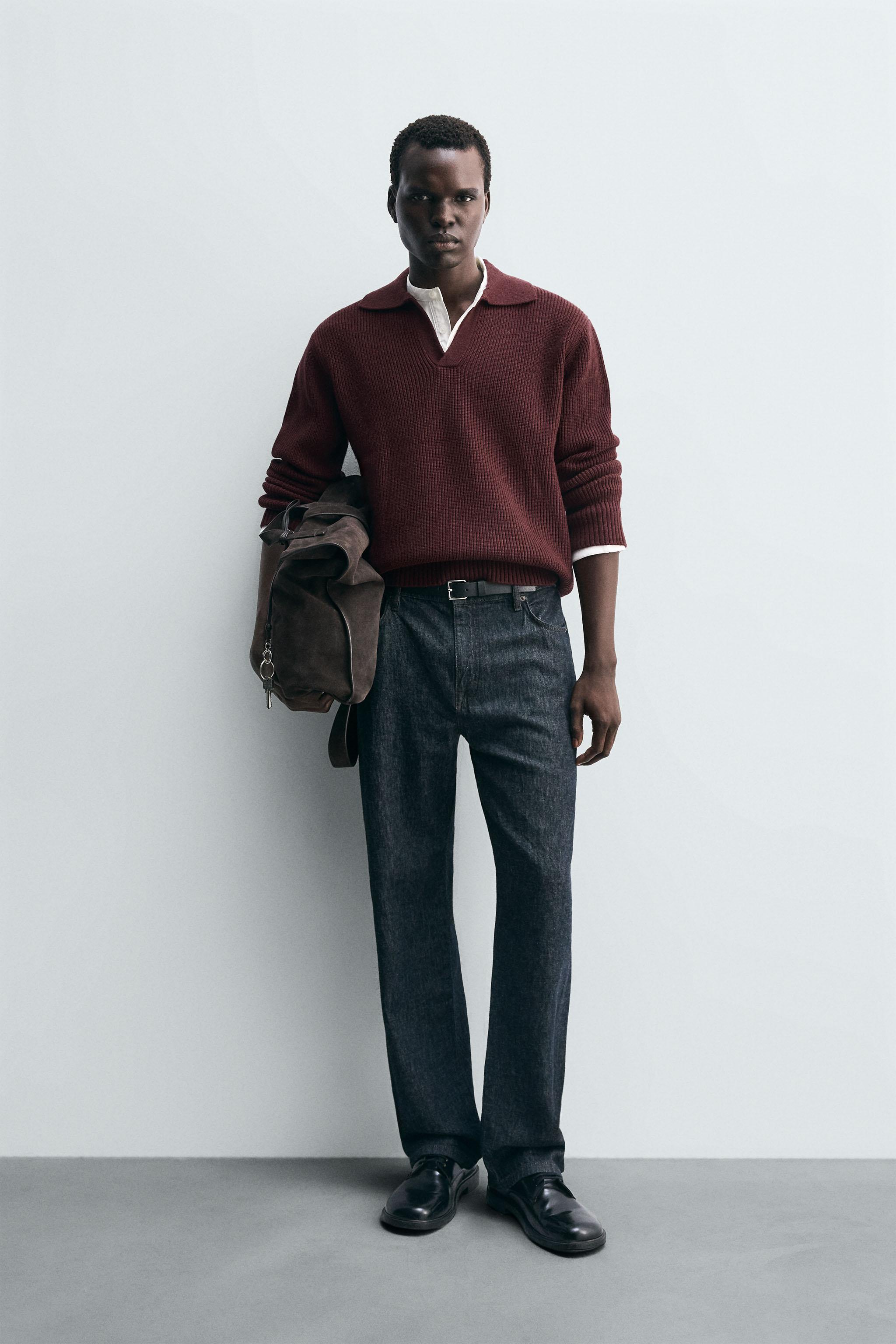 ZARA デニムポロシャツ Sサイズ ウォッシュ加工テキストプリントポロシャツ - アンスラサイトグレー