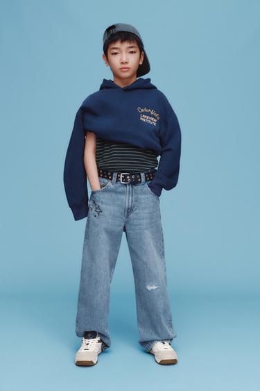 자수 텍스트 후드 스웨트셔츠 - Zara 네이비