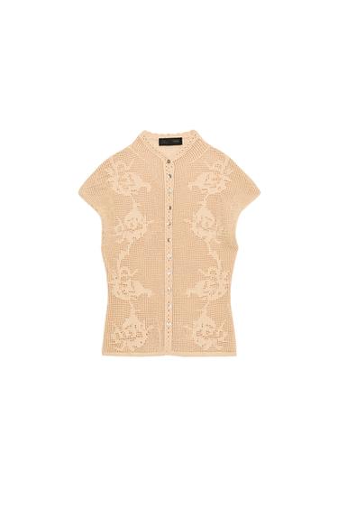 Zara POINTELLE KNIT TOP - Beige-pink