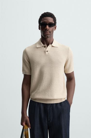 Zara TEXTURED KNIT POLO SHIRT - Stone