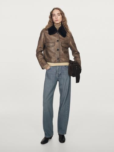 Chaqueta cuello pelo piel napa - Marrón de Zara