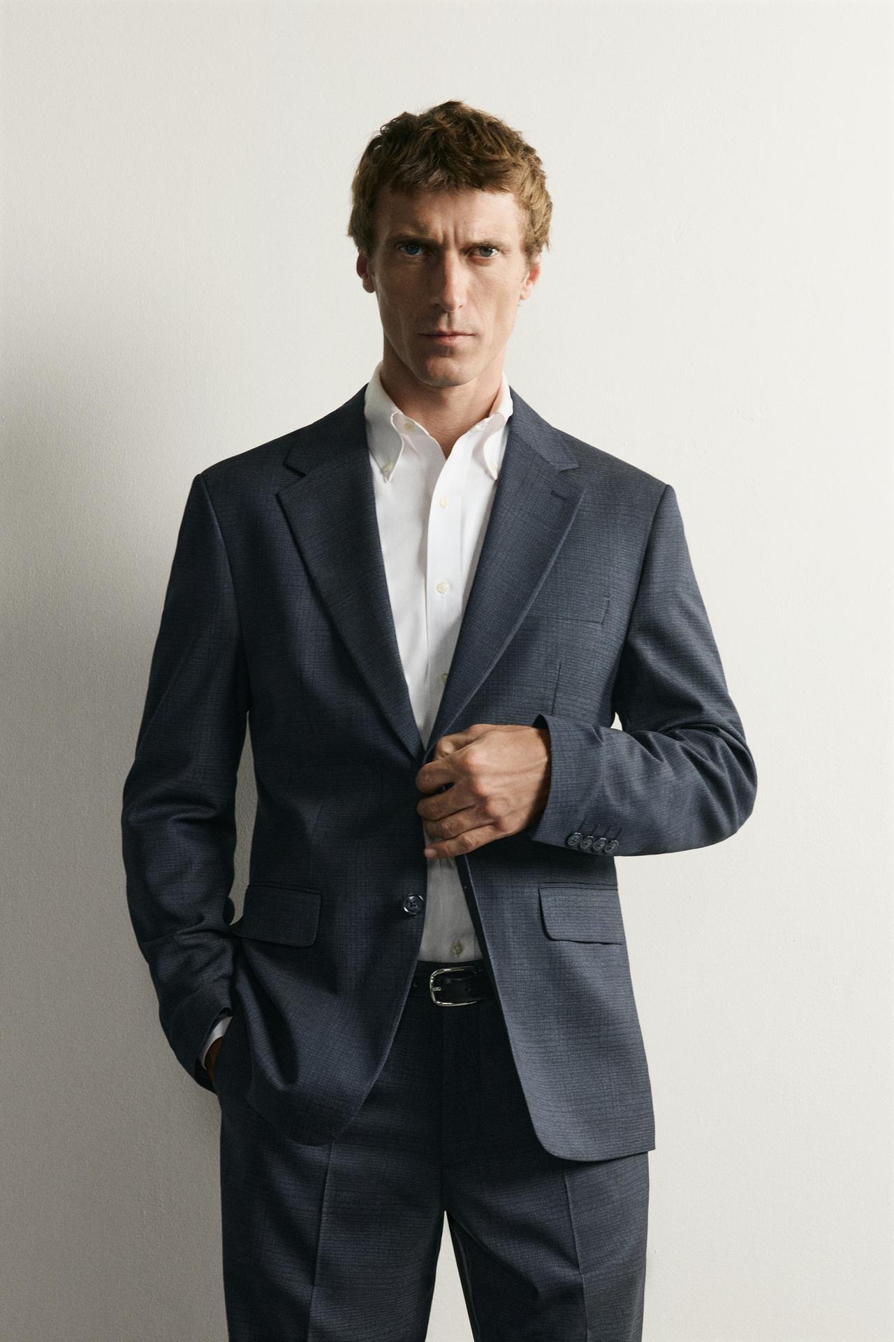 PLAID REGULAR FIT SUIT BLAZER — Blue