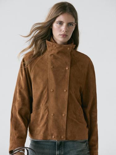 Zara Suede leather jacket with buttons - Dark mink