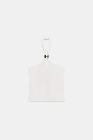 TOP PUNTO HALTER APLIQUE - Blanco roto de Zara