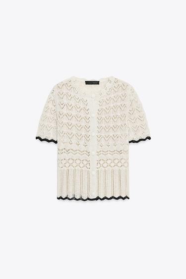 POINTELLE KNIT SHORT SLEEVE CARDIGAN - Black / White by Zara - Image 5