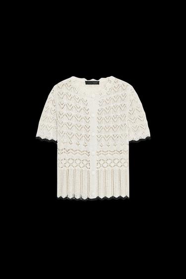 Zara POINTELLE KNIT SHORT SLEEVE CARDIGAN - Black / White - Image 0