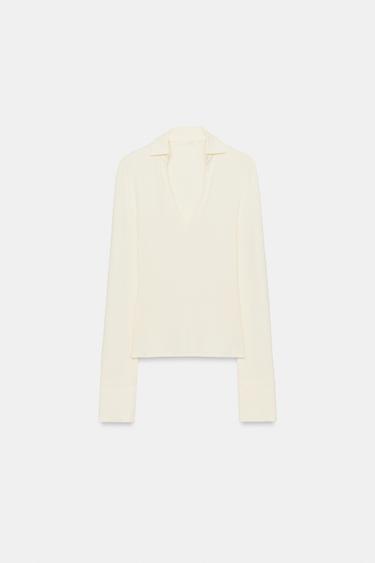 Zara POLO COLLAR T-SHIRT - Ecru