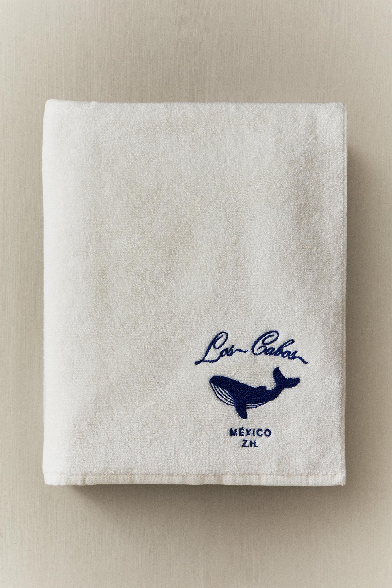 WHALE EMBROIDERED BATH TOWEL — Ivory