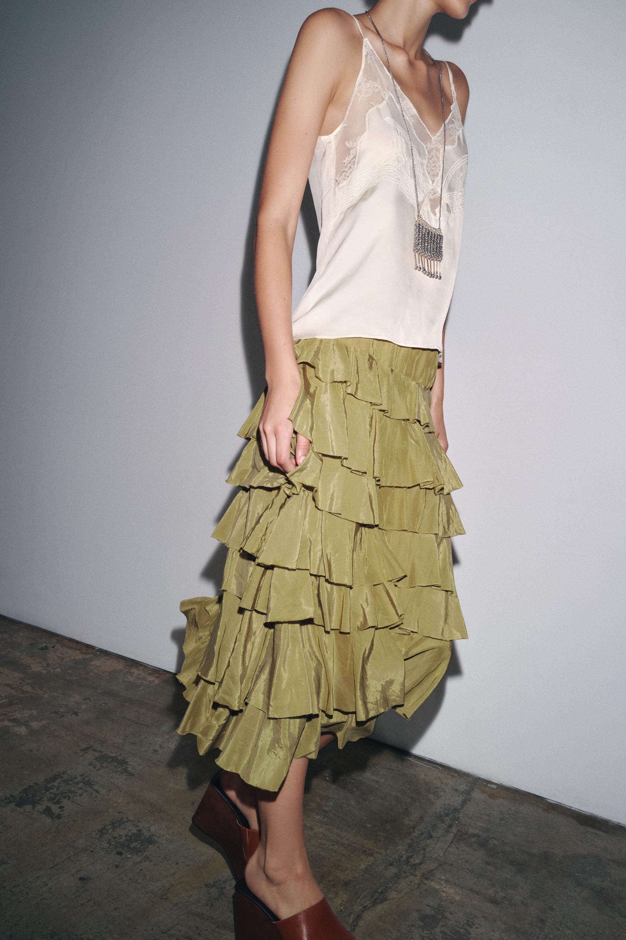 FALDA MIDI VOLANTES ZW COLLECTION Verde medio ZARA España