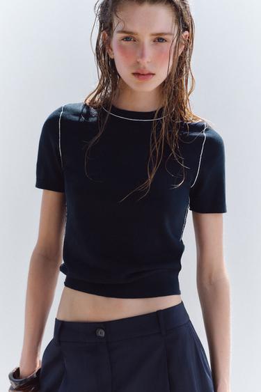 Zara TRIMMED SHORT SLEEVE KNIT TOP - Navy / White