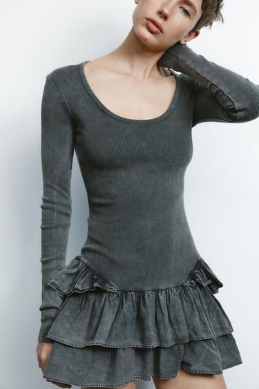 WASHED-EFFECT RUFFLED DRESS - Anthracite grey by Zara - Image 3