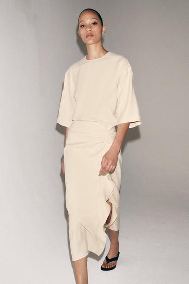 Zaras DRAPERAD MEDELLÅNG KLÄNNING ZW COLLECTION - Naturfärg medel