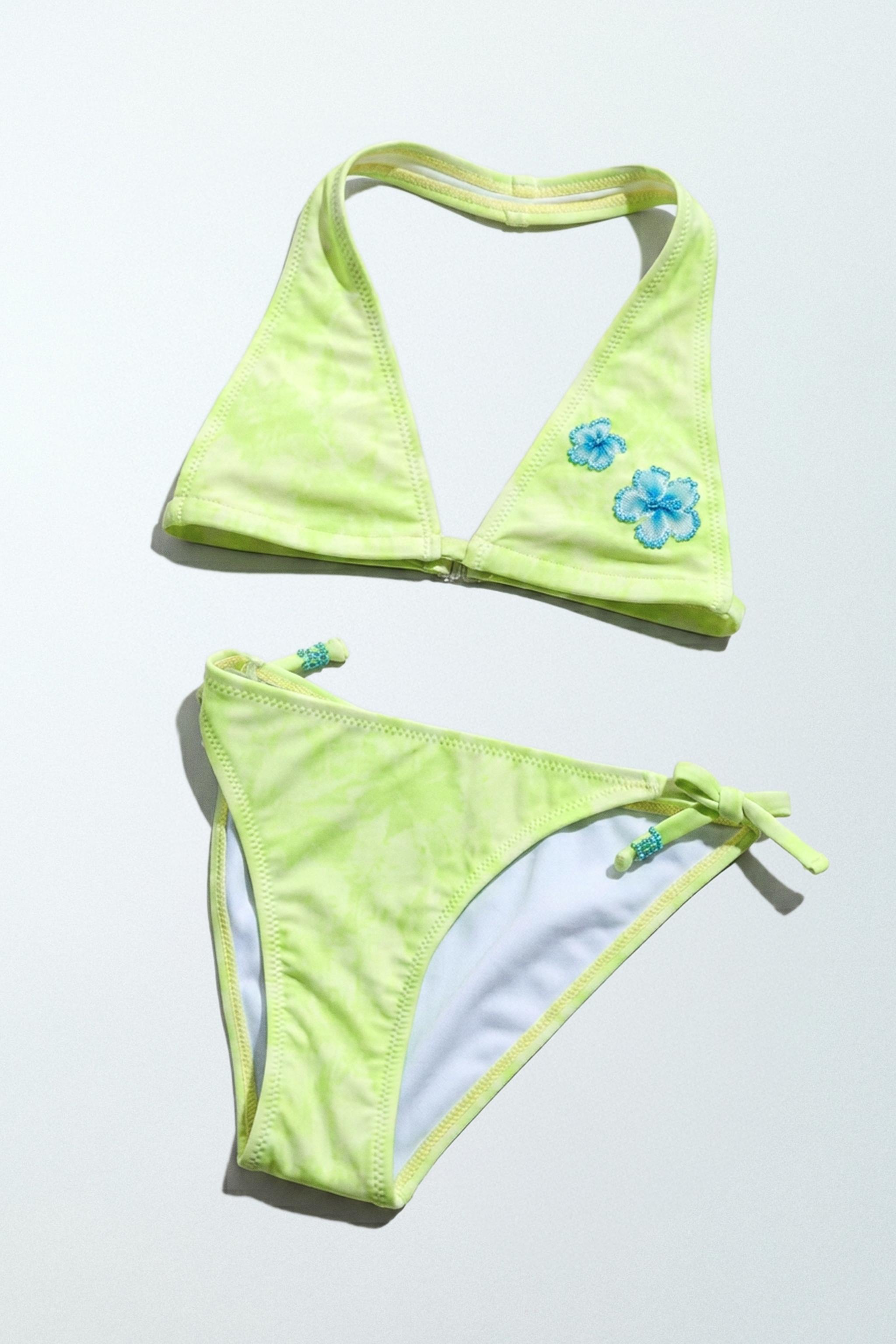 TIE-DYE HIBISCUS BIKINI, Ages 6–14 — Fluorescent lime