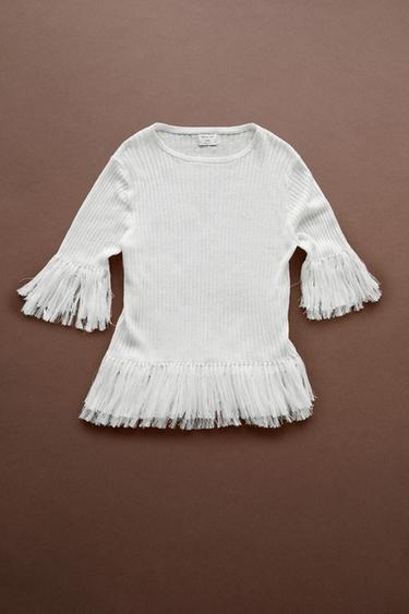 Fringe detail knit sweater - STUDIO — White 1
