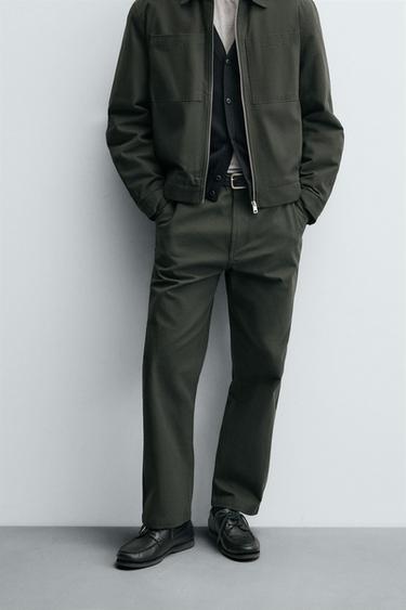 Zara CANVAS TEXTURED PANTS - Dark khaki