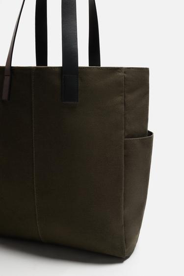 SAC SHOPPER EN TISSU ET CUIR - Vert kaki de Zara - Image 2