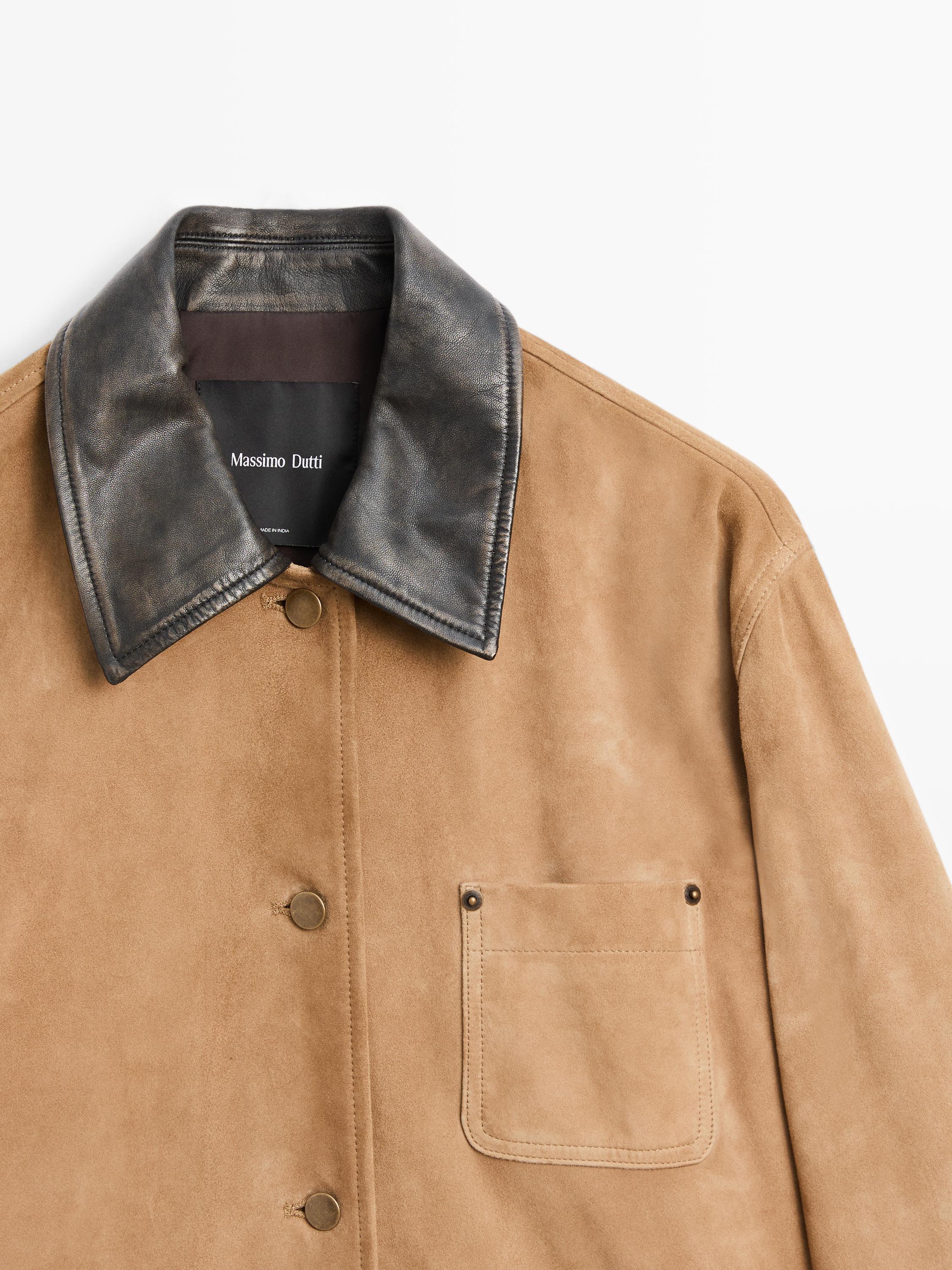 Veste col contrastant en cuir effet daim