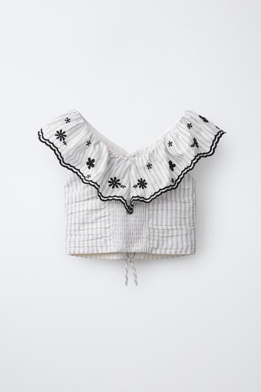 STRIPED EMBROIDERED TOP - Black / Ecru by Zara - Image 1