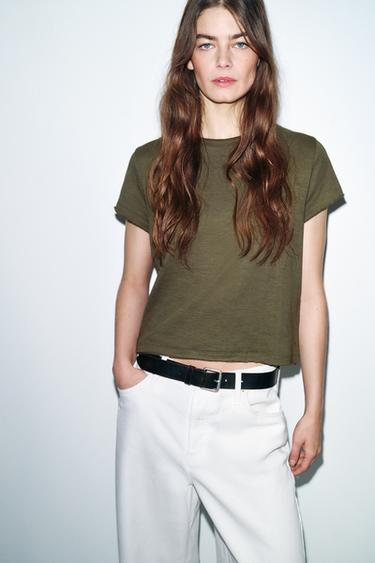 Zara COTTON SHORT SLEEVE T-SHIRT - Khaki
