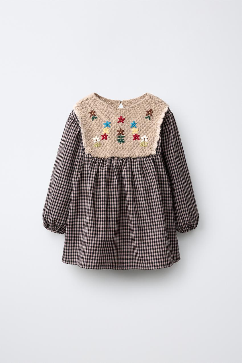 CHECKERED KNIT-DETAIL DRESS - Brown