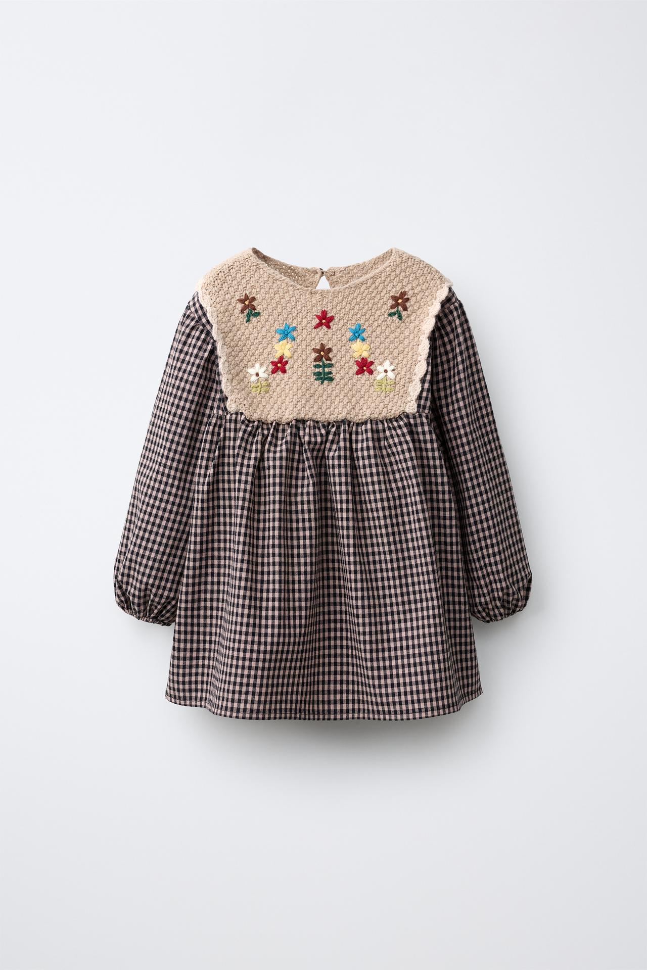 CHECKERED KNIT-DETAIL DRESS — Brown