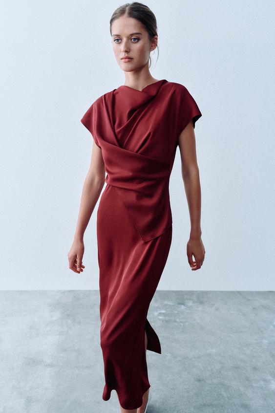 burgundy zara leather dress MIDI DRAPED - Package:Pant Only