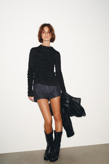 Zara LONG SLEEVE MOCK NECK TOP - Black - Image 0