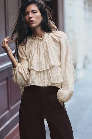 Zara RUFFLE BLOUSE - Ecru