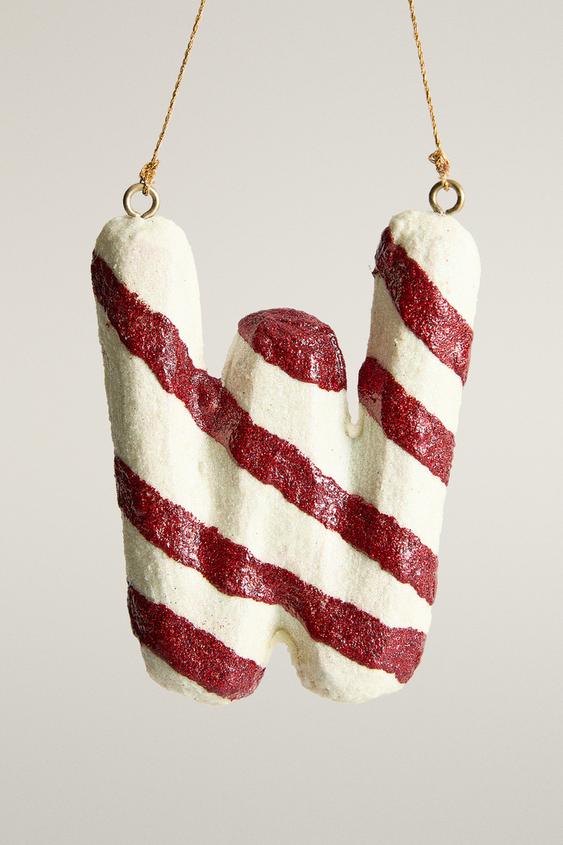 W LETTER STRIPED CHRISTMAS TREE ORNAMENT - White / Red by Zara - Image 0