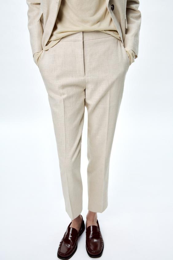 High-Waist Linen Trousers - Light Beige - Ladies