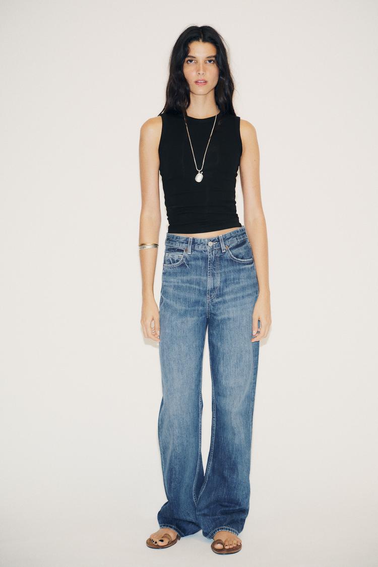 Wide Leg Jeans Verde Zara JEANS TRF WIDE LEG TIRO ALTO FULL LENGTH