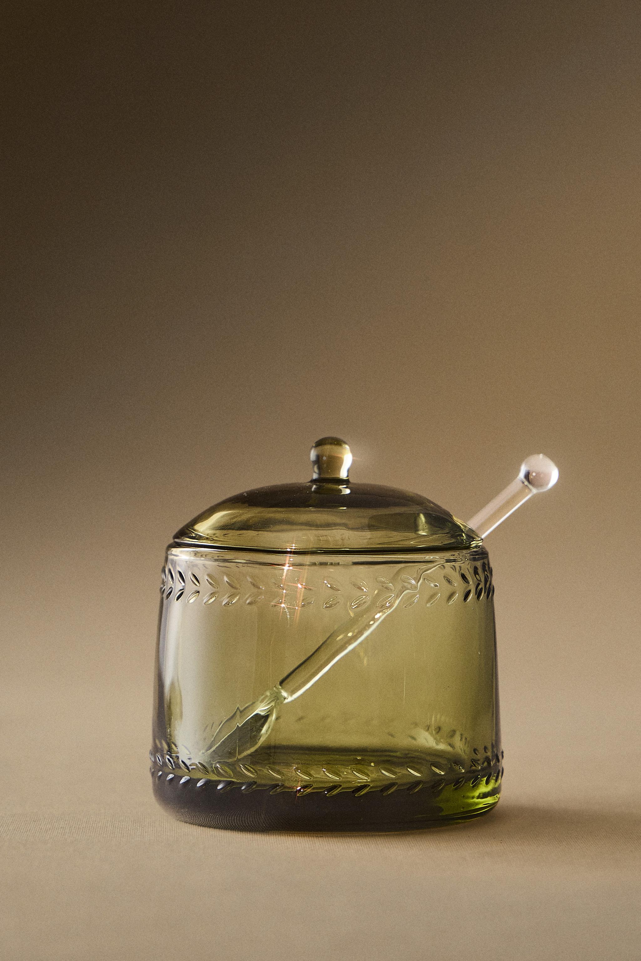 CHRISTMAS GLASS SUGAR BOWL WITH RELIEF DETAILS