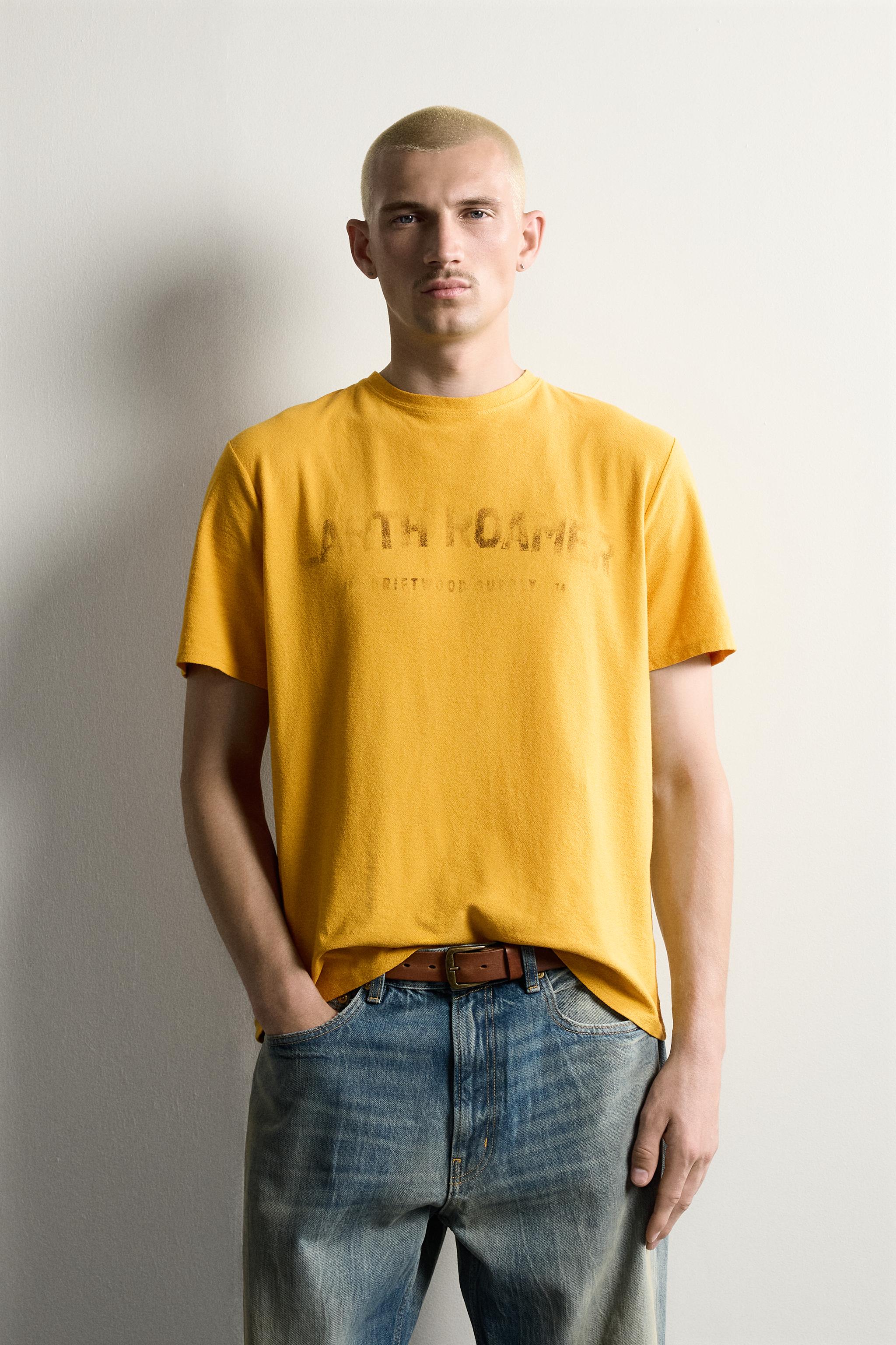 WASHED PRINTED KNIT T-SHIRT — Mustard