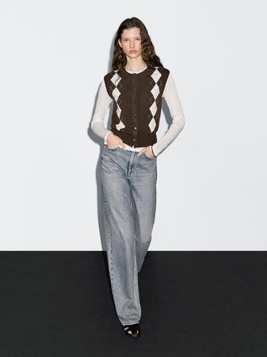 Zara Knit cardigan with diamond detail - Chocolate - Image 0