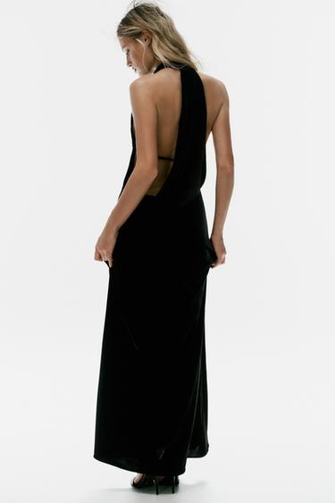 Zara DRAPED BACK VELVET MIDI DRESS - Black