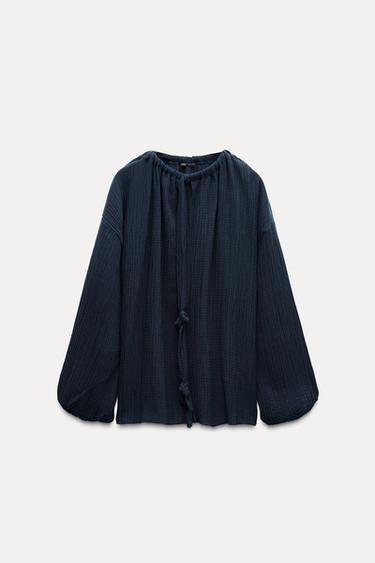 TEXTURED TOP WITH TIE - Blue / Green by Zara