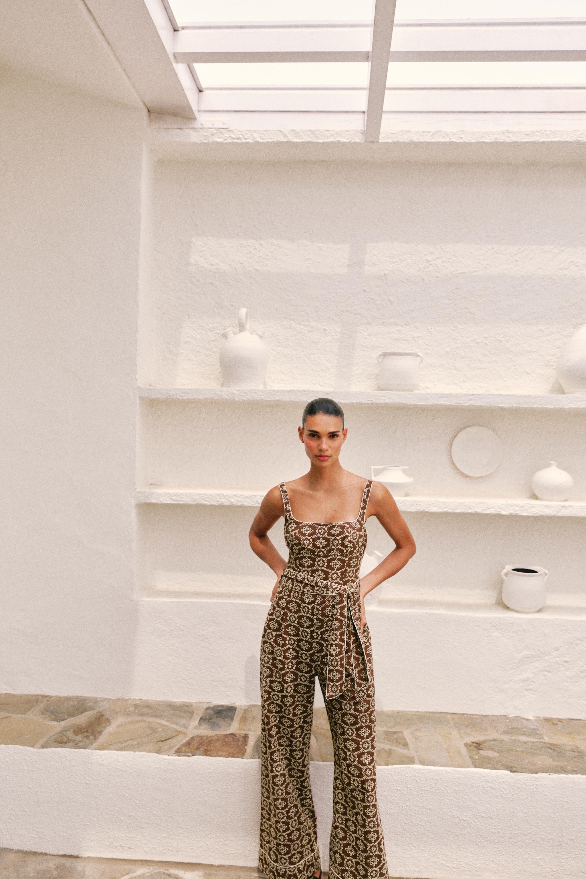 EMBROIDERED EYELET BELTED JUMPSUIT