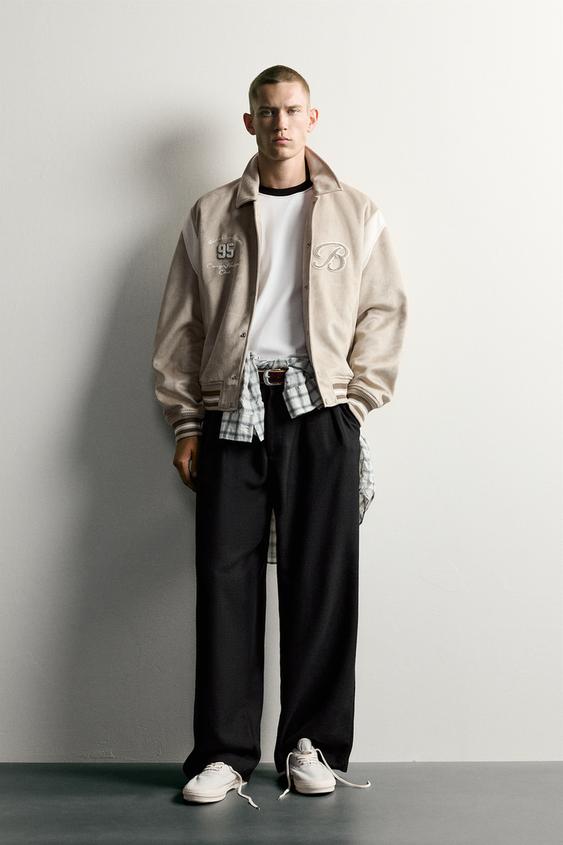 Zara SUEDE-EFFECT PATCH BOMBER JACKET - Stone - Image 0