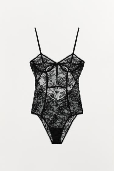 LACE BODYSUIT WITH BUTTONS - Black by Zara - Image 2