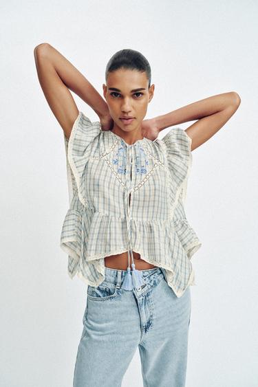 TOP À CARREAUX BRODÉ ENTRE-DEUX - Bleu / Blanc de Zara - Image 3