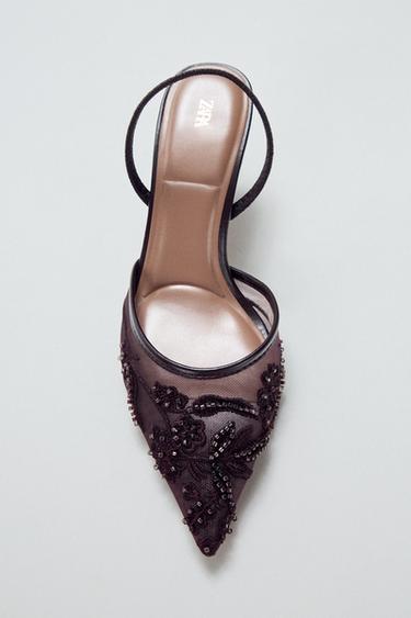 MESH HEEL SHOES WITH RHINESTONES - Brown by Zara