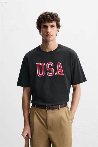 T-SHIRT WITH SLOGAN PATCHES - Navy blue by Zara