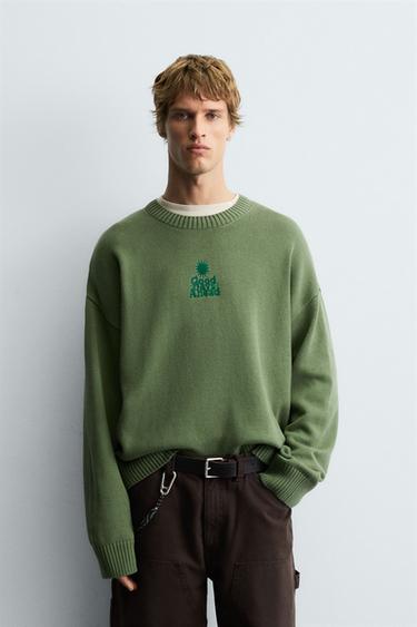 Zara PRINTED BOXY FIT SWEATER - Green