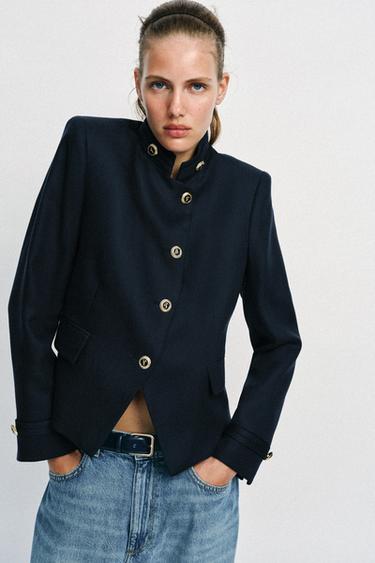 Zara GOLD BUTTON FITTED BLAZER - Navy blue