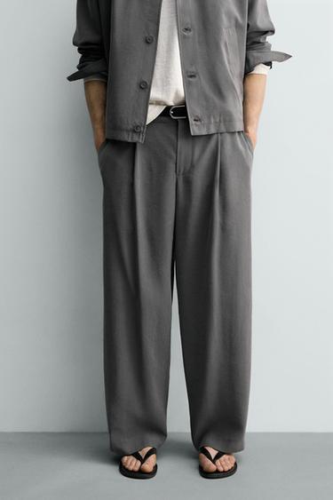 Zara FLOWY PLEATED PANTS - Taupe gray