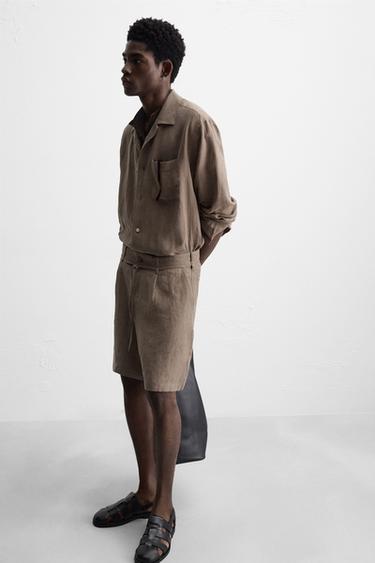 100% LINEN BERMUDA SHORTS WITH BELT - Brown / Taupe by Zara - Image 4