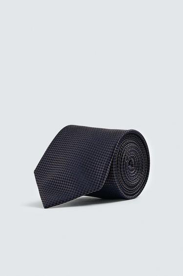 100% SILK JACQUARD CHECK TIE - Brown-Blue by Zara